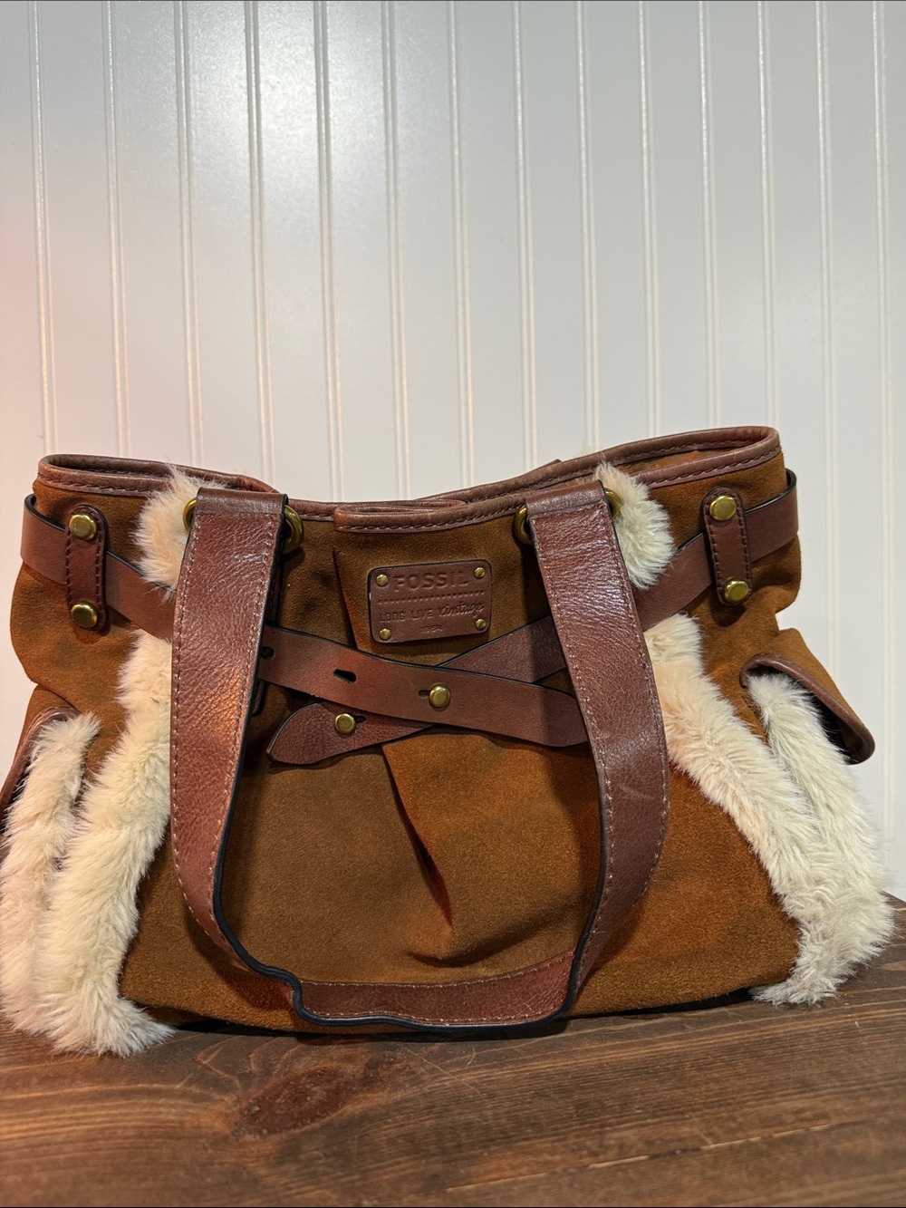Fossil Brown Suede Shoulder Bag with Cream Faux Fur Trim